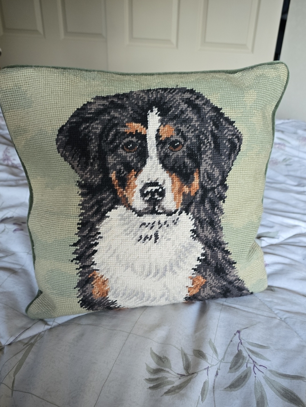 Decorative Bernese Mountain Dog Needlepoint Throw Pillow in Sage Green
